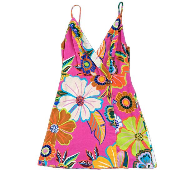 FARM RIO Pink Linen-blend Floral Garden Mini Wrap Dress Small Beachy Boho - Picture 9 of 14